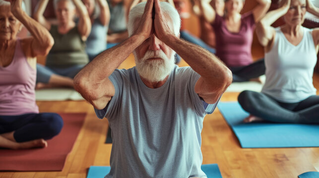 Elderly people doing yoga in a sports class.