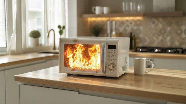 The image shows a modern kitchen with a microwave on fire sitting on a countertop, indicating a severe electrical malfunction or a forgotten flammable item inside the appliance. The flames are visible