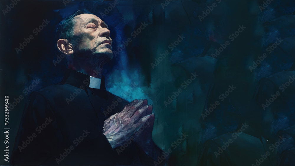 Wall mural A colorful watercolor painting of a cleric isolated on black background 