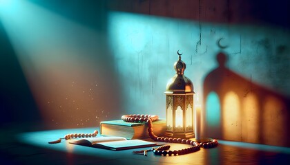 Celebrate Ramadan concept image high key style. Still with a Ramadan Lantern. Book and Rosario. With textured bright wall background.8K ultra high resolution image.Place or negative text on the right. - obrazy, fototapety, plakaty