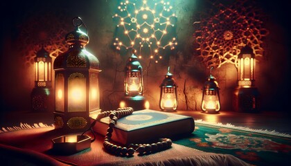 Celebrate Ramadan concept image high key style. Still with a Ramadan Lantern. Book and Rosario. With textured bright wall background.8K ultra high resolution image.Place or negative text on the right.