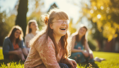 A happy teenage girl with Down syndrome socialising with her friends in a park, evoking a sense of happiness