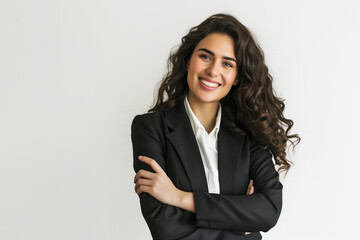 Portrait of handsome confident smiling woman with folded arms wearing a suit