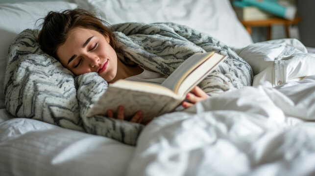 The woman fell asleep in bed while reading a book.