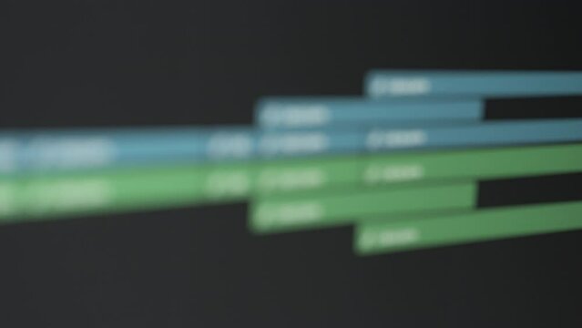 Editing software timeline on a computer screen. Close up. 