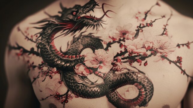 Tattoo art on the body of a young man, close up