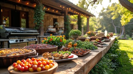 Fototapeta na wymiar Colorful Farm-to-Table Feast on Rustic Wooden Table