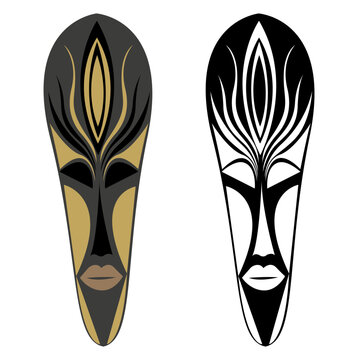 Tribal African mask, in color and black and white format, ethnic Egyptian style ideal for modern interior design, logo, print, banners, articles. Vector graphics.