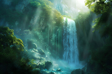 An ethereal scene unfolds as the waterfall cascades into a fantastical realm beyond imagination. - obrazy, fototapety, plakaty
