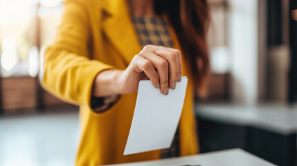 The hand of a woman voting at a polling station during voting.