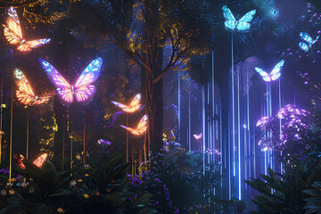 Obraz na płótnie Canvas visual of a lush forest with trees equipped with glowing bio-sensors, surrounded by shimmering holographic butterflies. Feature a waterfall powered by innovative, sustainable energy sources 