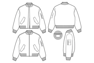 cropped MA-1 military bomber jacket army flat technical drawing illustration mock-up template for design and tech packs men or unisex fashion CAD streetwear women workwear utility