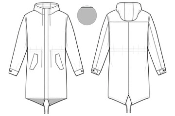 fishtail parka jacket military field jacket army flat technical drawing illustration mock-up template for design and tech packs men or unisex fashion CAD streetwear women workwear utility © Jack