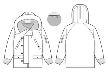 n-3B hooded parka fur hood trim military jacket bomber flight flat technical drawing illustration mock-up template for design and tech packs men or unisex fashion CAD streetwear women workwear utility © Jack