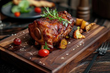 Roasted Pork knuckle with potatoes, on a wooden chopping board, homemade