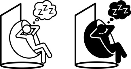 Relax icons. Black and White Vector Icons. Man Sleeping in a Hanging Chair. Travel and Vacation Concept
