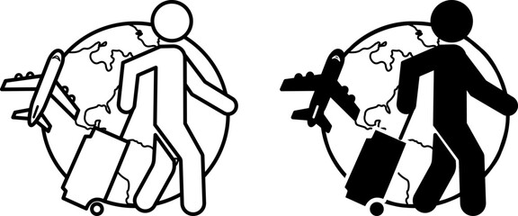 Traveling icons. Black and White Vector Icons. Tourist with Suitcase, Globe, and Flying Airplane