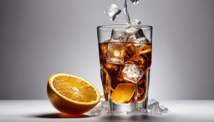 A glass of soda with ice and an orange slice