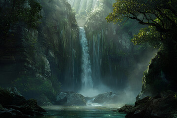 Obrazy na Plexi  An ethereal scene unfolds as the waterfall cascades into a fantastical realm beyond imagination.
