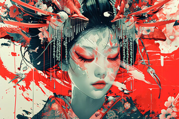 Blend elements of traditional Japanese art with futuristic technology in a captivating visual