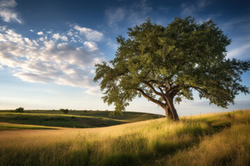 Obraz premium Solitary tree standing tall in a tranquil field, basking in the golden light