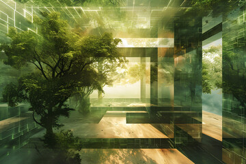  image that symbolizes the balance between technology and tranquility, perhaps through a digital garden