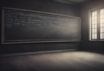 Blank wide screen in empty room Real chalkboard background texture in college concept for back to school panoramic