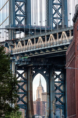 View of Manhattan Bridge and Empire State Building view from Washington Street in Brooklyn, New York