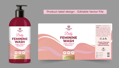 Intimate care label design, feminine wash logo product label design, bottle packaging design for vaginal wash pH balance gentle cleanser label liquid soap hygiene wash label editable illustration file