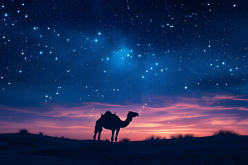 A camel stands in the desert under the starry night sky, representing the beauty and tranquility of the natural world.