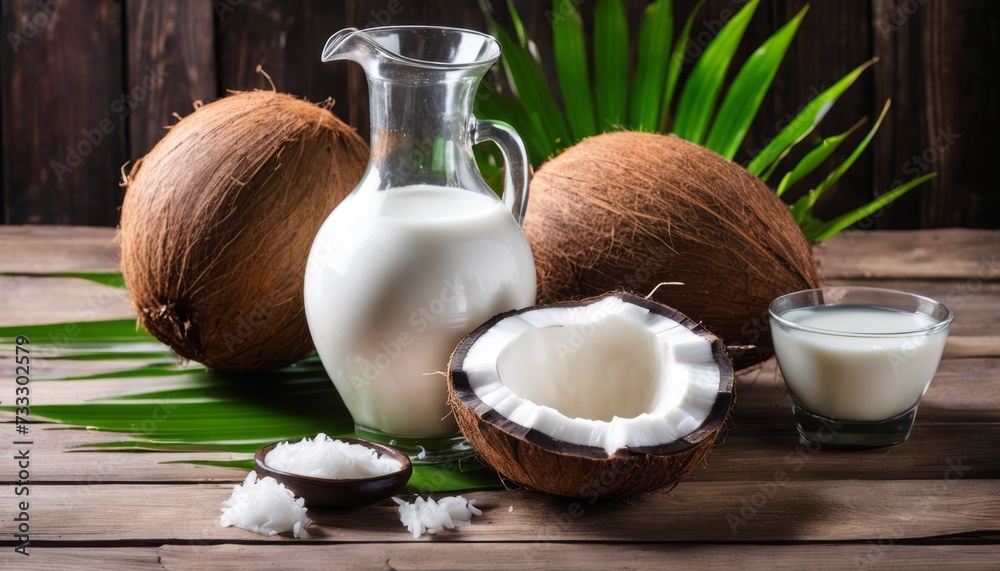 Poster A glass of milk with a coconut on top