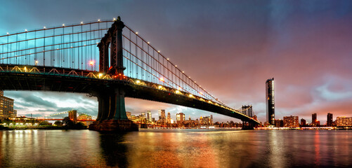 Panoramic view of Manhattan Bridge at night in New York. USA