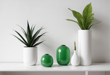 Two minimalist green decorations are displayed on a shelf on a white wall. 