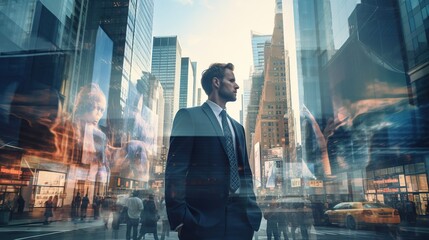 A businessman stands out in a bustling city scene, encapsulating the fast urban business lifestyle.