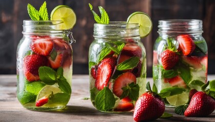 Three jars of strawberry lemonade with fresh mint and lime - obrazy, fototapety, plakaty