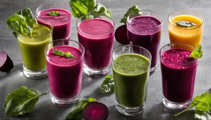 A table full of glasses of juice with leaves on top
