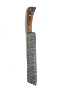 vintage chef damascus steel knife over white, clipping path

