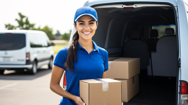 Portrait of a smiling delivery woman in a cap and uniform standing with a box in her hands near the trunk of a van