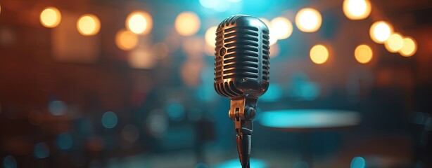 Vintage Microphone with Bokeh Lights Background.