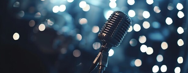 Vintage Microphone with Bokeh Lights Background.