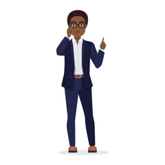 Businessman in glasses and formal suit standing, man talking on phone vector illustration