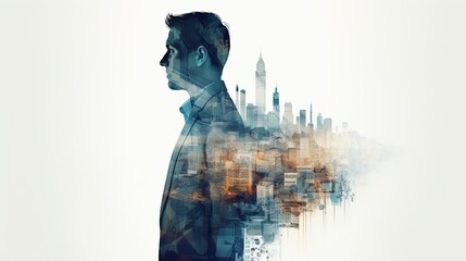 business man on a city horizon, illustrating the vision and aspiration of business leaders. - obrazy, fototapety, plakaty