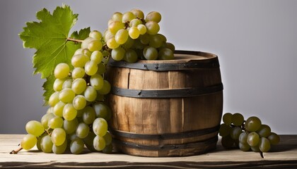 A wooden barrel filled with green grapes
