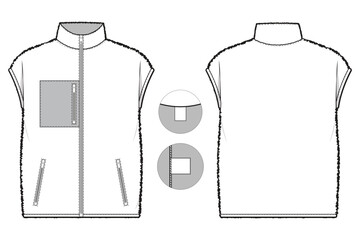 zip up sherpa pile vest fleece flat technical drawing illustration mock-up template for design and tech packs men or unisex fashion CAD streetwear women workwear utility © Jack