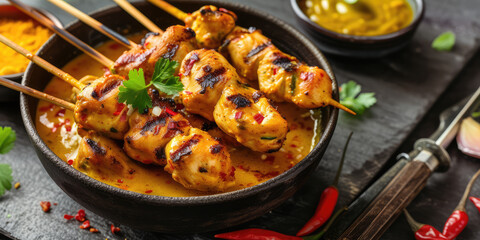 Chicken Satay Skewers in Spicy Peanut Sauce. Grilled chicken satay dipped in rich coconut and peanut sauce, garnished with chili and mint.