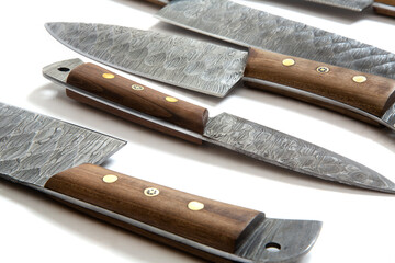 vintage chef damascus steel knife over white, clipping path
