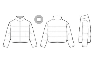 cropped zip puffer jacket flat technical drawing illustration mock-up template for design and tech packs men or unisex fashion CAD streetwear women workwear utility © Jack