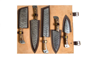 vintage chef damascus steel knife over white, clipping path
