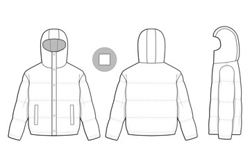 hooded puffer jacket flat technical drawing illustration mock-up template for design and tech packs men or unisex fashion CAD streetwear women workwear utility © Jack