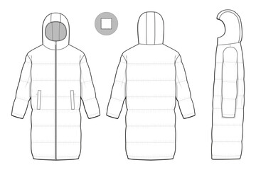 long hooded puffer jacket flat technical drawing illustration mock-up template for design and tech packs men or unisex fashion CAD streetwear women workwear utility © Jack